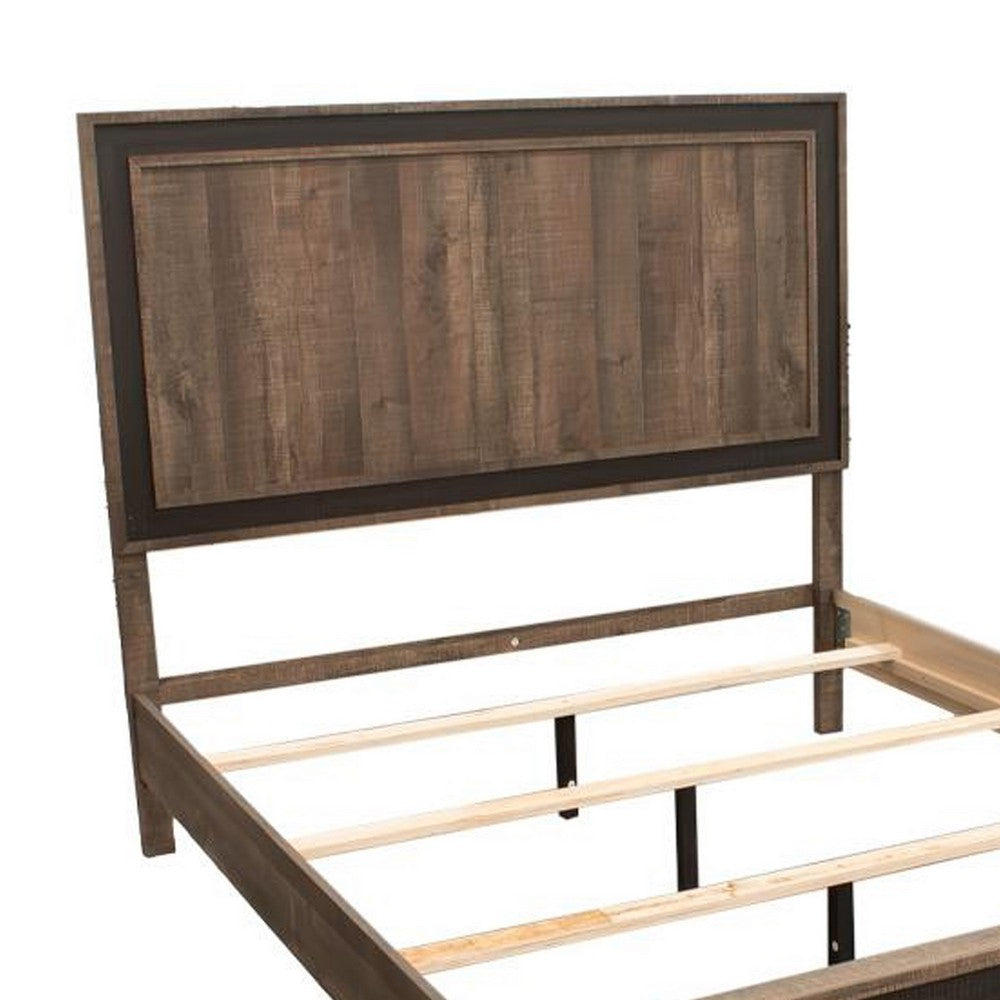 Benjara Modern Queen Size Bed w Tall Panel Headboard, Rustic Brown Wood