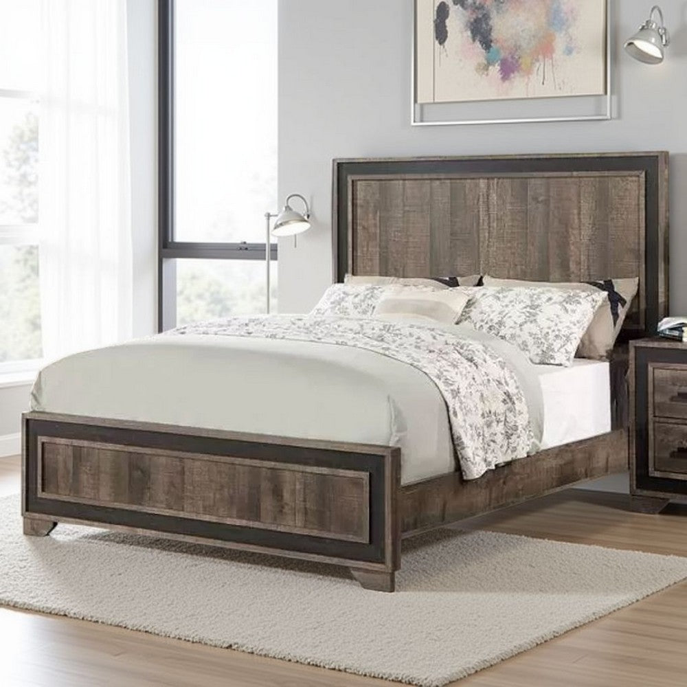 Benjara Modern Queen Size Bed w Tall Panel Headboard, Rustic Brown Wood
