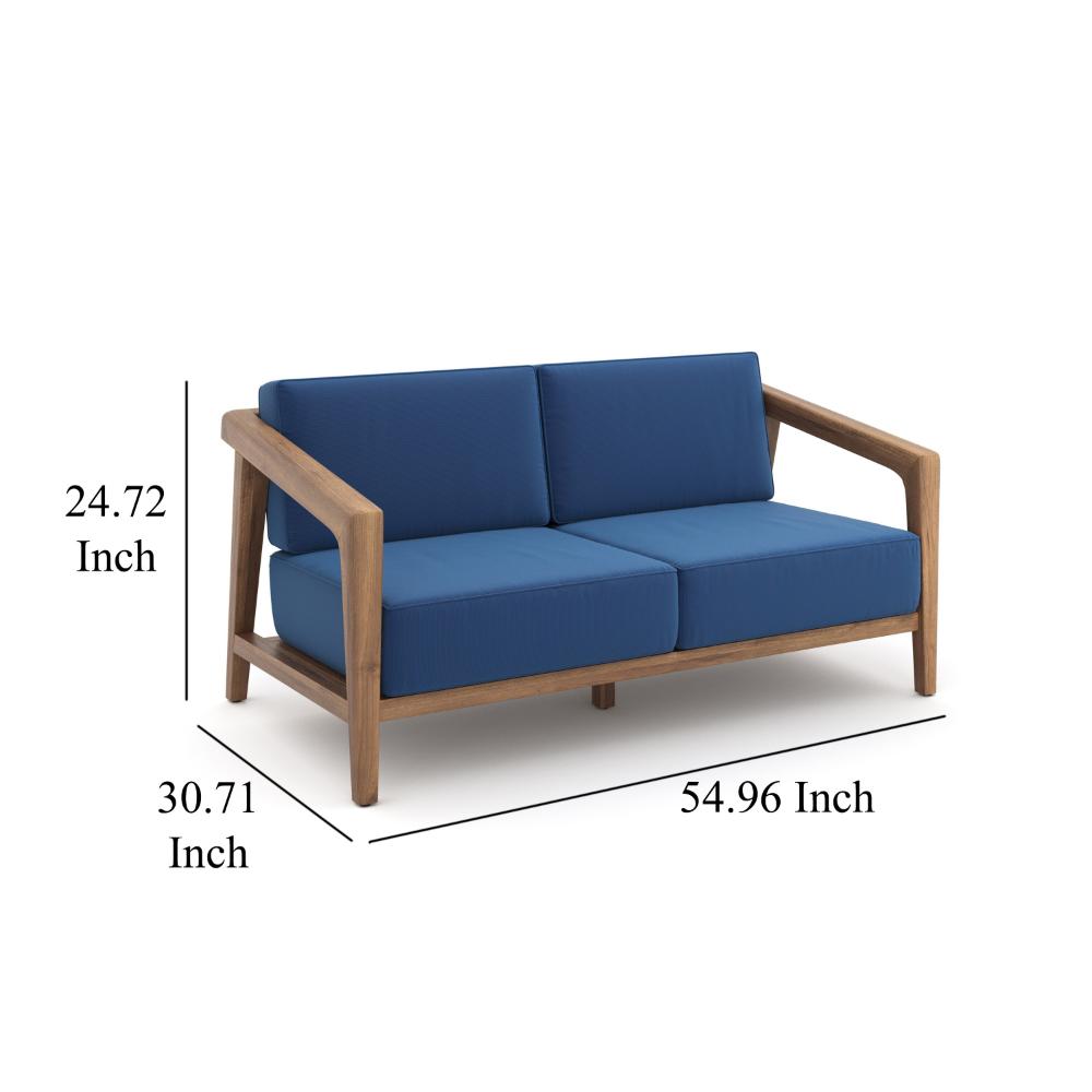 Benjara Nea Outdoor Loveseat, Dark Blue, Natural Brown Acacia Wood 55 Inch