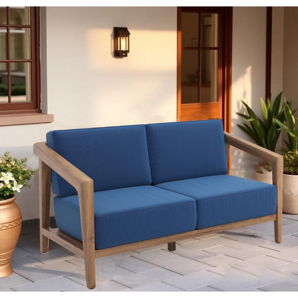 Benjara Nea Outdoor Loveseat, Dark Blue, Natural Brown Acacia Wood 55 Inch