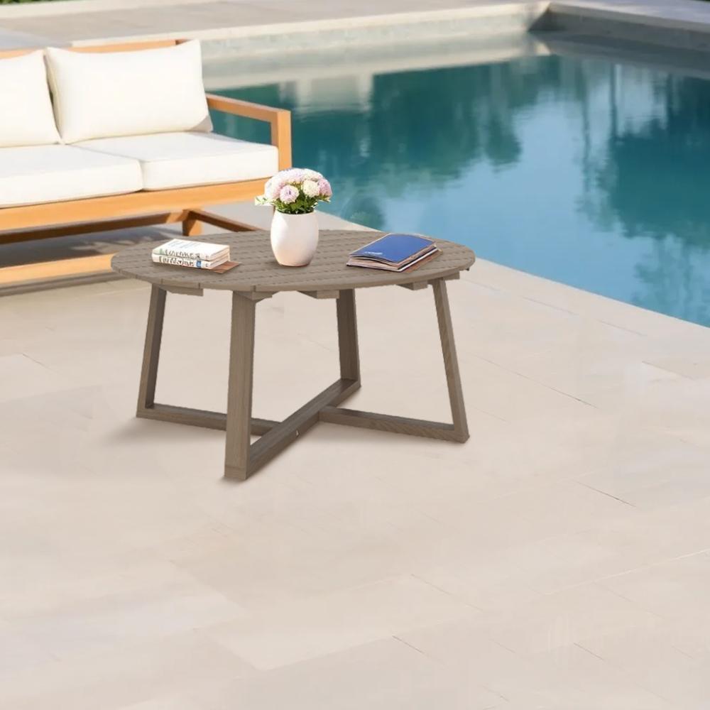 Benjara Azy Outdoor Coffee Table, 45 Inch Oval Natural Brown Solid Wood Top