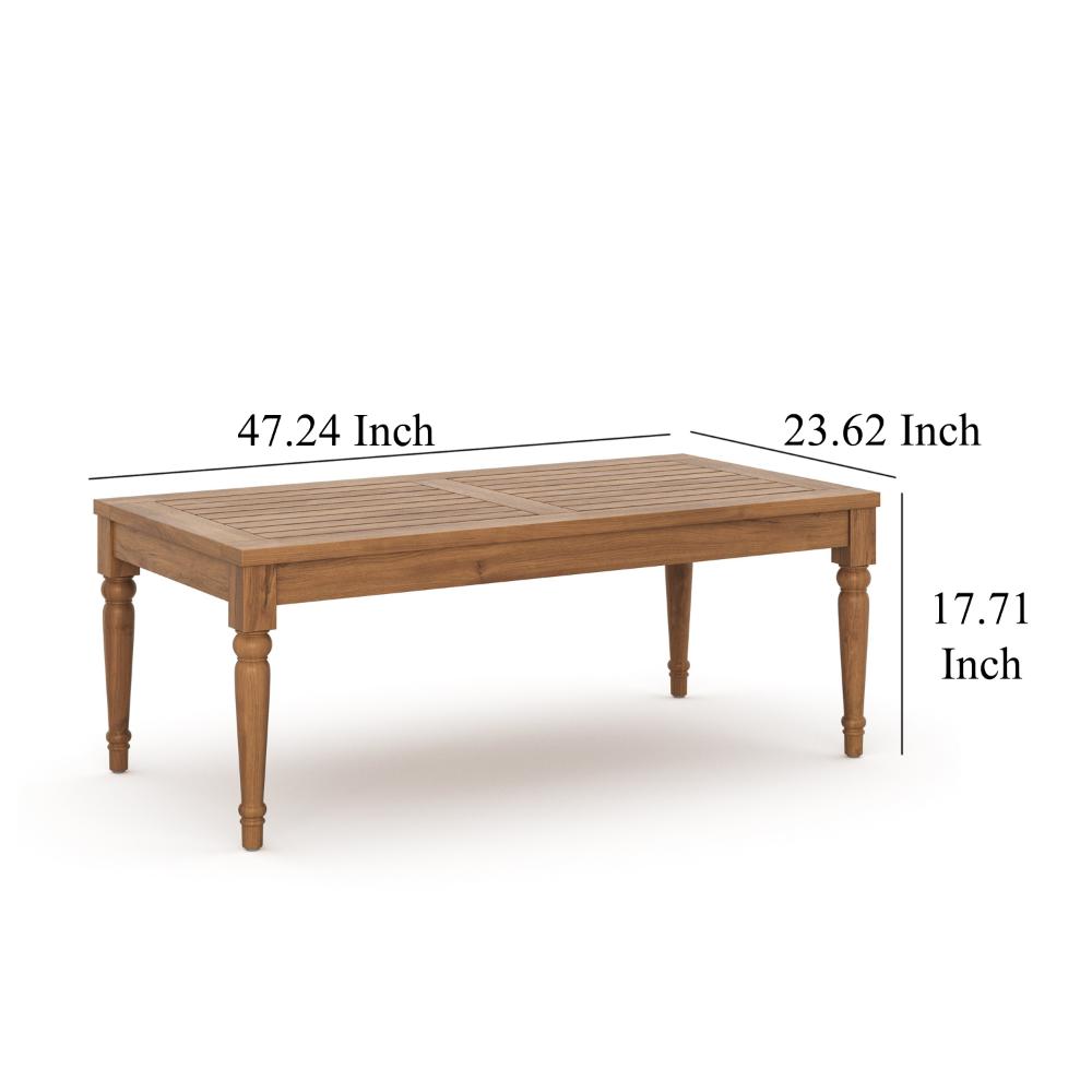 Benjara Pena Outdoor Coffee Table, 47 Inch Rectangular Slat Brown Acacia Wood