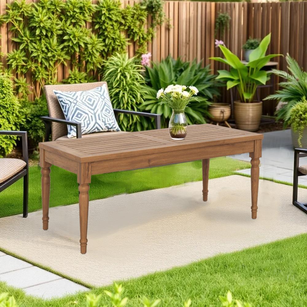 Benjara Pena Outdoor Coffee Table, 47 Inch Rectangular Slat Brown Acacia Wood