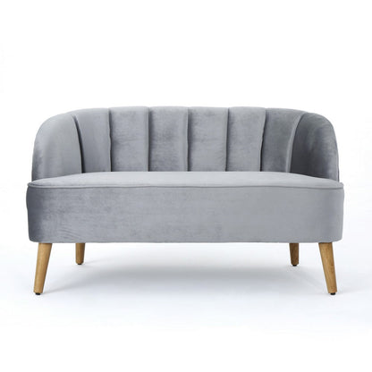 Benjara Snap Loveseat, 50 Inch, Retro Channel Stitched Gray Polyester Velvet