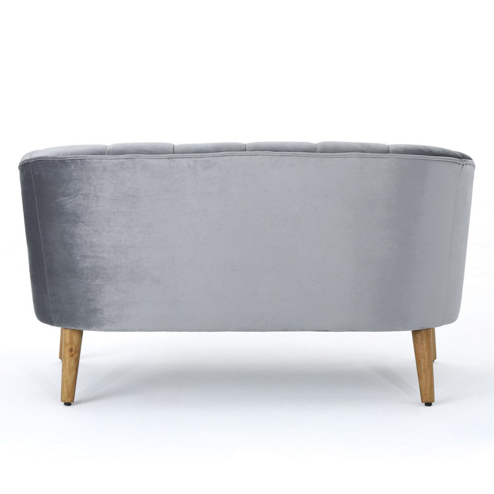 Benjara Snap Loveseat, 50 Inch, Retro Channel Stitched Gray Polyester Velvet