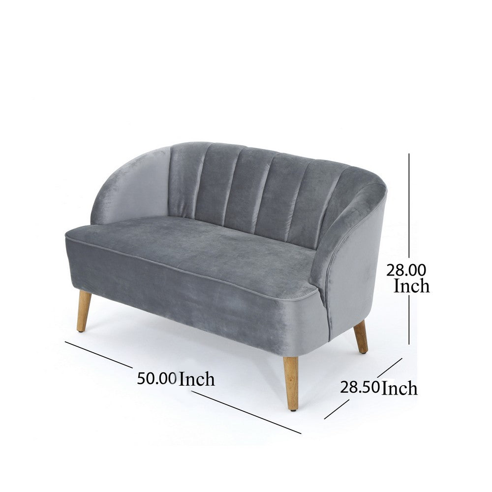 Benjara Snap Loveseat, 50 Inch, Retro Channel Stitched Gray Polyester Velvet