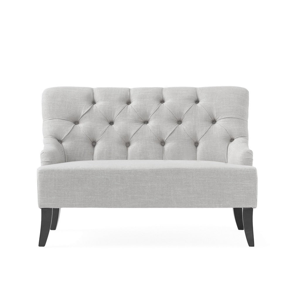 Benjara Ohio Loveseat Settee, 44 Inch Button Tufted Gray, Solid Birch Wood