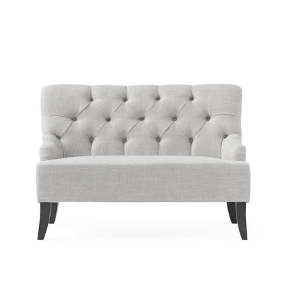 Benjara Ohio Loveseat Settee, 44 Inch Button Tufted Gray, Solid Birch Wood
