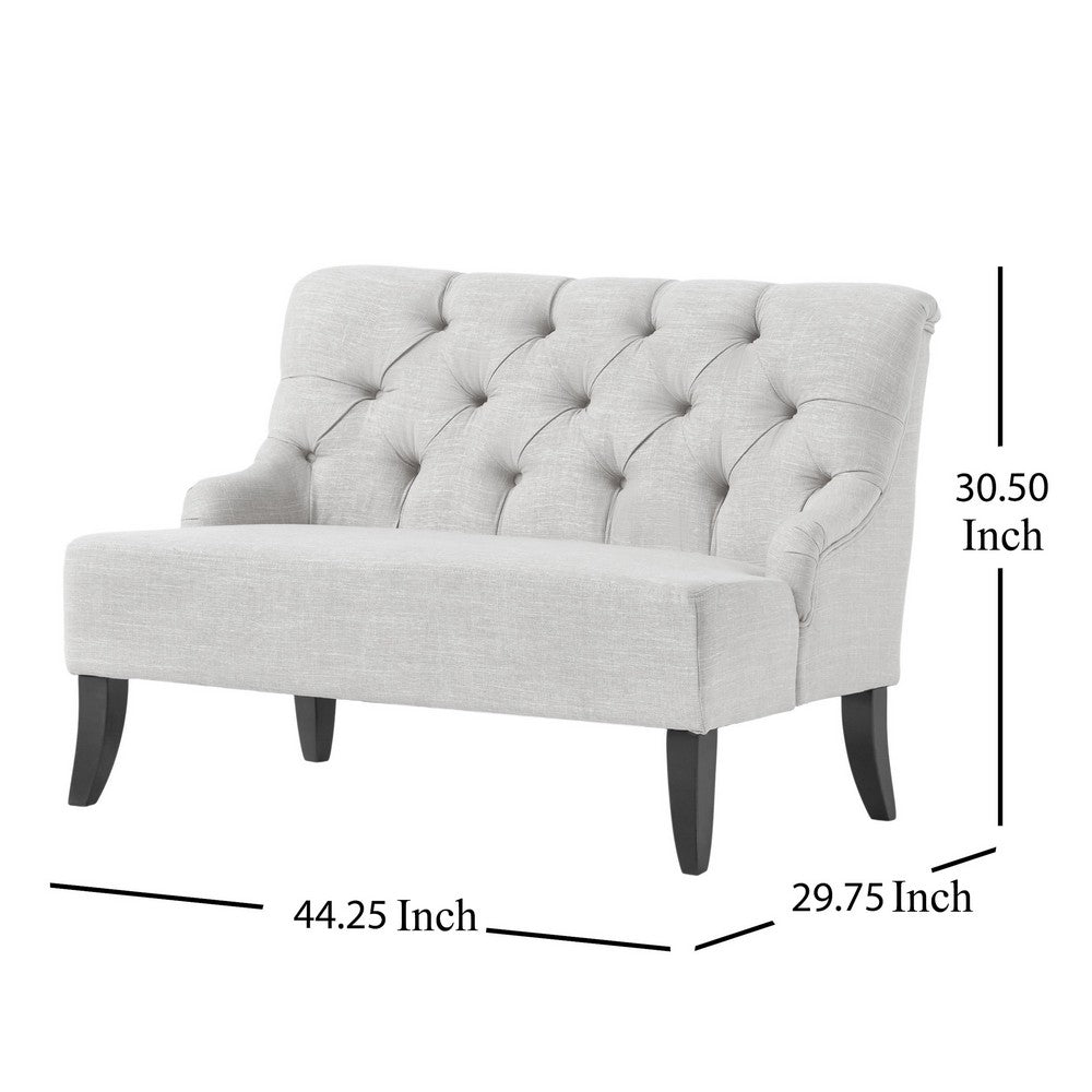 Benjara Ohio Loveseat Settee, 44 Inch Button Tufted Gray, Solid Birch Wood