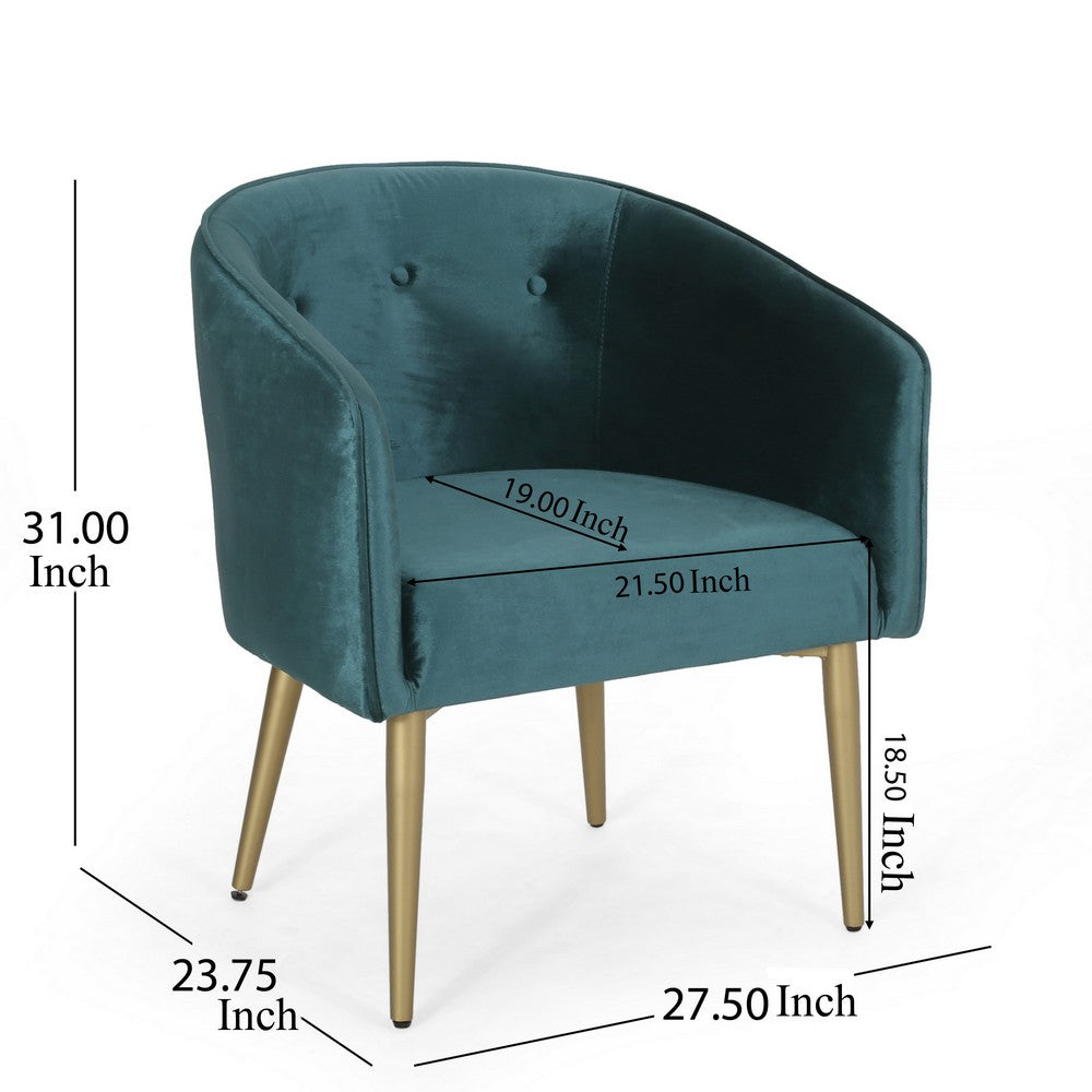 Benjara Accent Dining Chair, Gold Iron Legs, Curved, Tufted Aqua Green Velvet