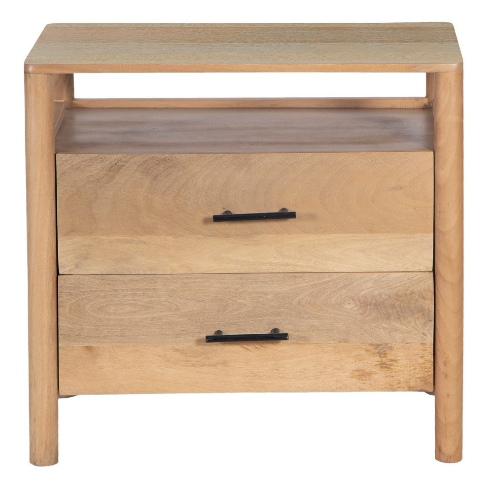 The Urban Port Geti 29 Inch Bedside Nightstand Table, 2 Drawer, Open Shelf, Handcrafted Natural Oak White Mango Wood