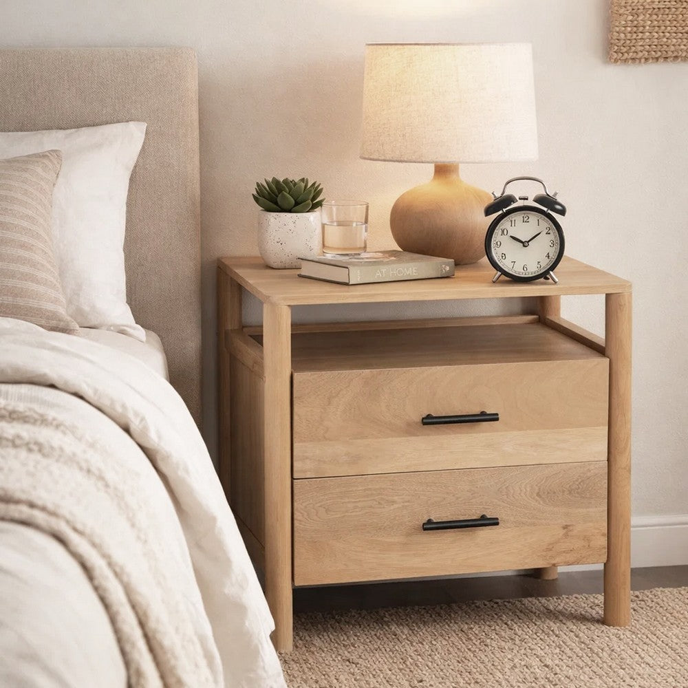 The Urban Port Geti 29 Inch Bedside Nightstand Table, 2 Drawer, Open Shelf, Handcrafted Natural Oak White Mango Wood