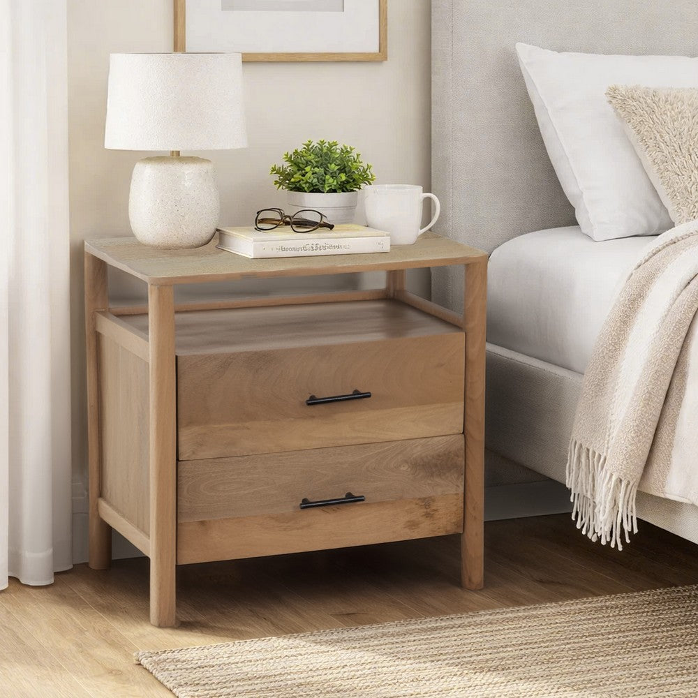 The Urban Port Geti 29 Inch Bedside Nightstand Table, 2 Drawer, Open Shelf, Handcrafted Natural Oak White Mango Wood