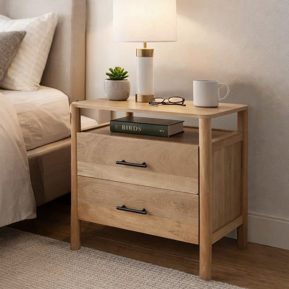 The Urban Port Geti 29 Inch Bedside Nightstand Table, 2 Drawer, Open Shelf, Handcrafted Natural Oak White Mango Wood