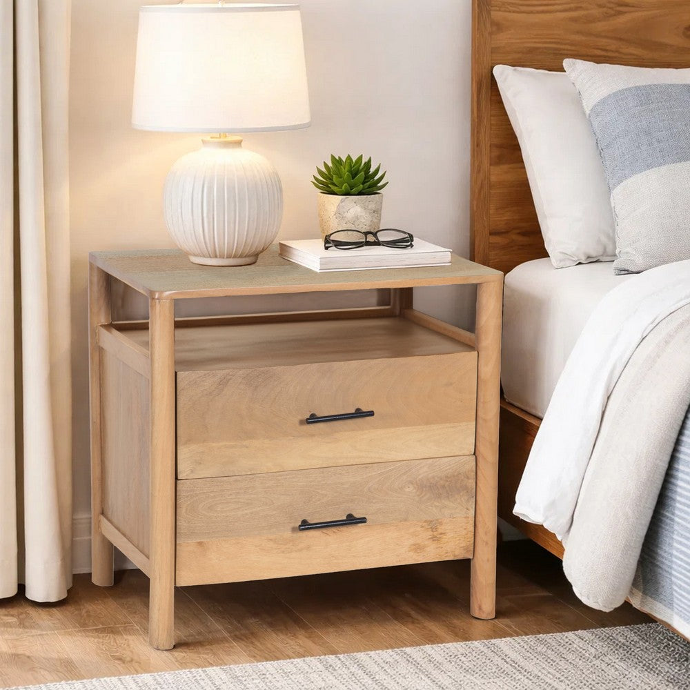 The Urban Port Geti 29 Inch Bedside Nightstand Table, 2 Drawer, Open Shelf, Handcrafted Natural Oak White Mango Wood