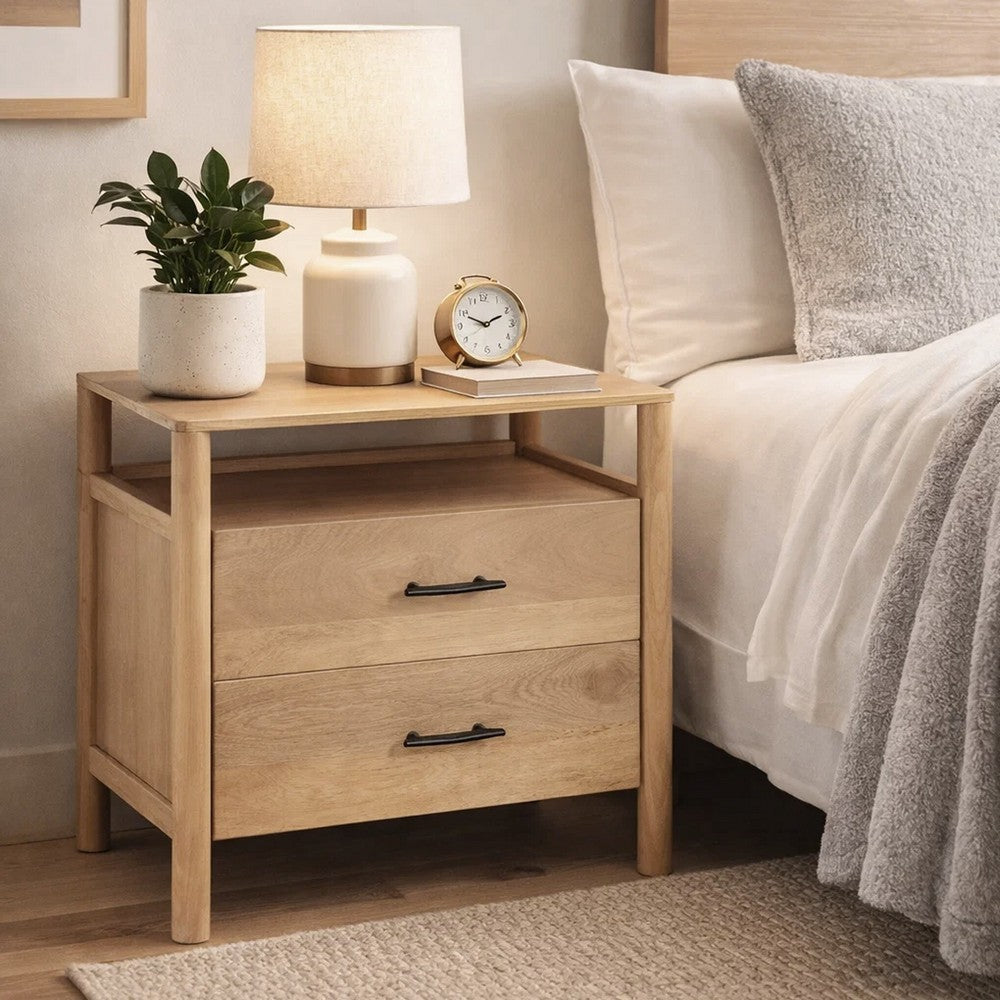 The Urban Port Geti 29 Inch Bedside Nightstand Table, 2 Drawer, Open Shelf, Handcrafted Natural Oak White Mango Wood