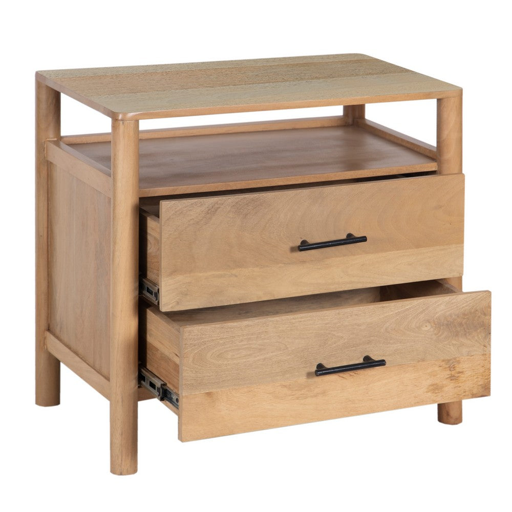 The Urban Port Geti 29 Inch Bedside Nightstand Table, 2 Drawer, Open Shelf, Handcrafted Natural Oak White Mango Wood