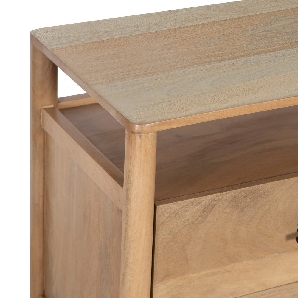 The Urban Port Geti 29 Inch Bedside Nightstand Table, 2 Drawer, Open Shelf, Handcrafted Natural Oak White Mango Wood