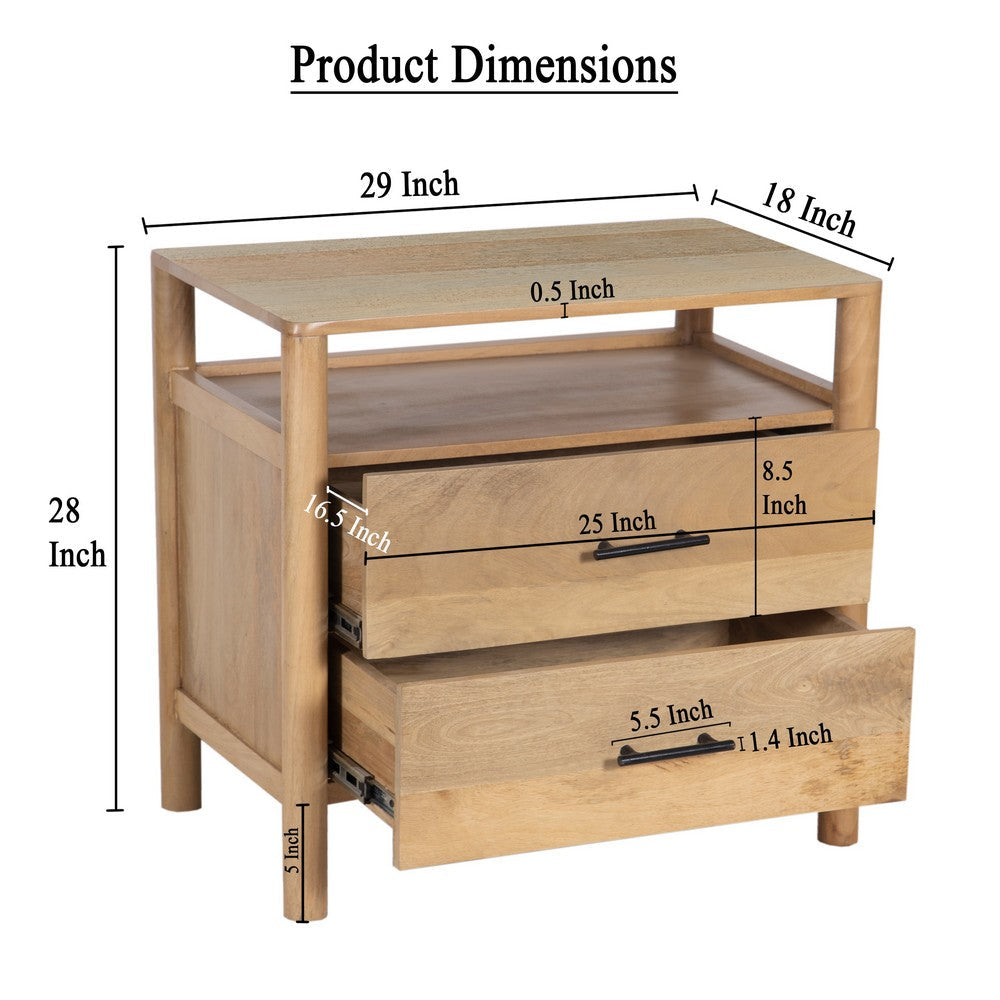 The Urban Port Geti 29 Inch Bedside Nightstand Table, 2 Drawer, Open Shelf, Handcrafted Natural Oak White Mango Wood