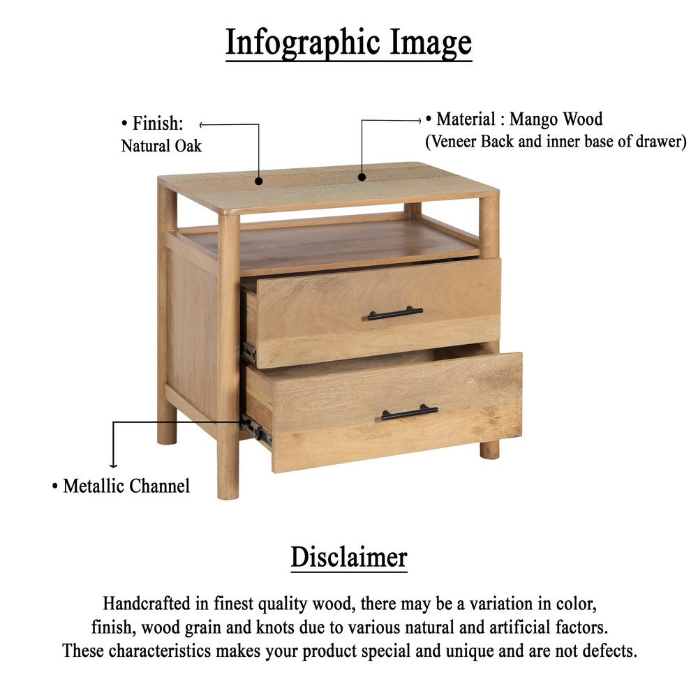 The Urban Port Geti 29 Inch Bedside Nightstand Table, 2 Drawer, Open Shelf, Handcrafted Natural Oak White Mango Wood