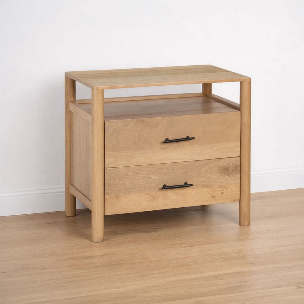 The Urban Port Geti 29 Inch Bedside Nightstand Table, 2 Drawer, Open Shelf, Handcrafted Natural Oak White Mango Wood