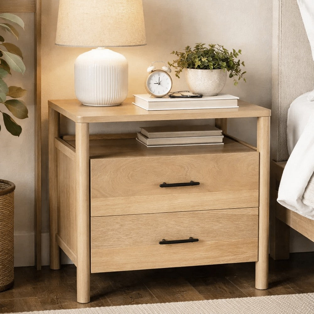 The Urban Port Geti 29 Inch Bedside Nightstand Table, 2 Drawer, Open Shelf, Handcrafted Natural Oak White Mango Wood