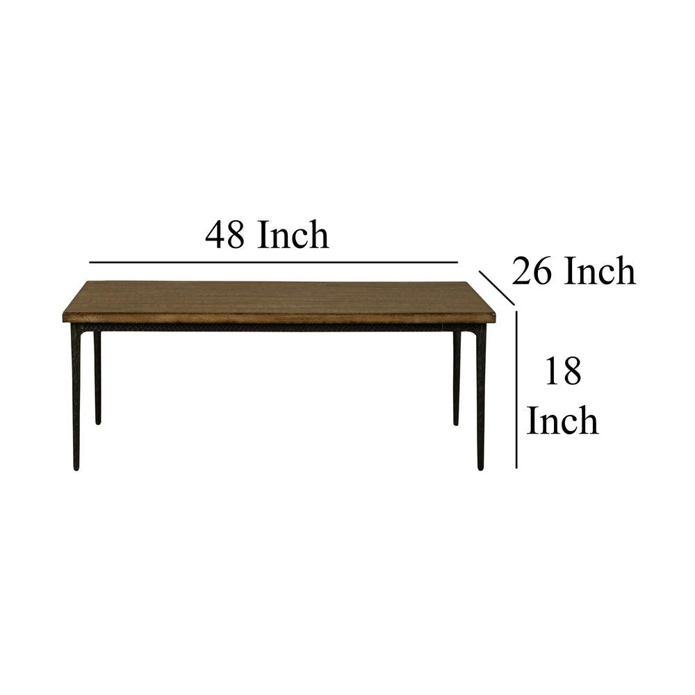 Benjara Lemy Coffee Table, 48 Inch Rectangular Brown Top, Black Metal Frame
