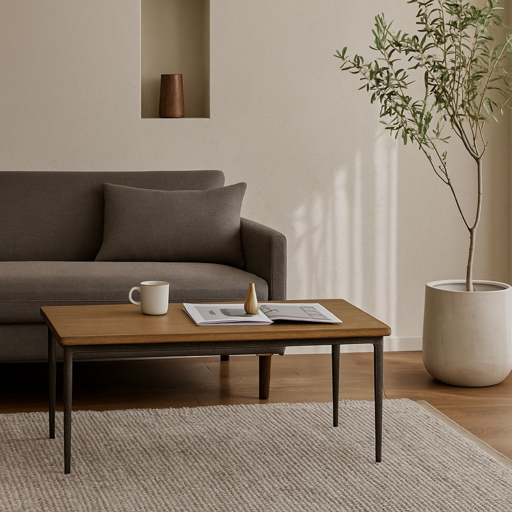 Benjara Lemy Coffee Table, 48 Inch Rectangular Brown Top, Black Metal Frame