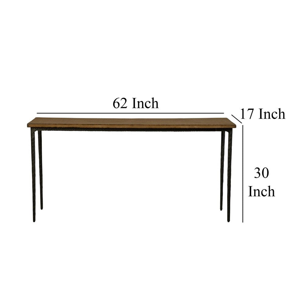 Benjara Lemy Sofa Console Table, 62 Inch Rectangular Brown Top, Black Frame