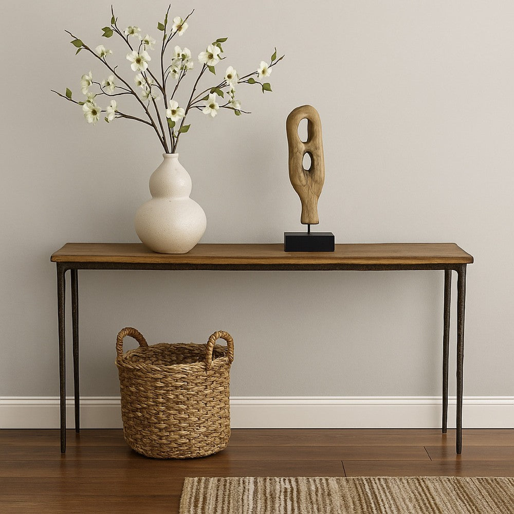 Benjara Lemy Sofa Console Table, 62 Inch Rectangular Brown Top, Black Frame