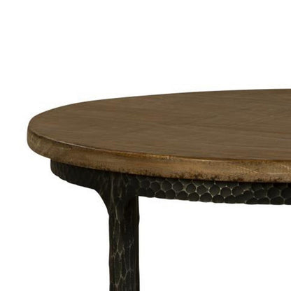 Benjara Lemy Side End Table, 22 Inch Rustic Round Brown Top, Black Metal Legs