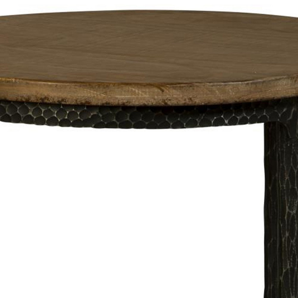 Benjara Lemy Side End Table, 22 Inch Rustic Round Brown Top, Black Metal Legs