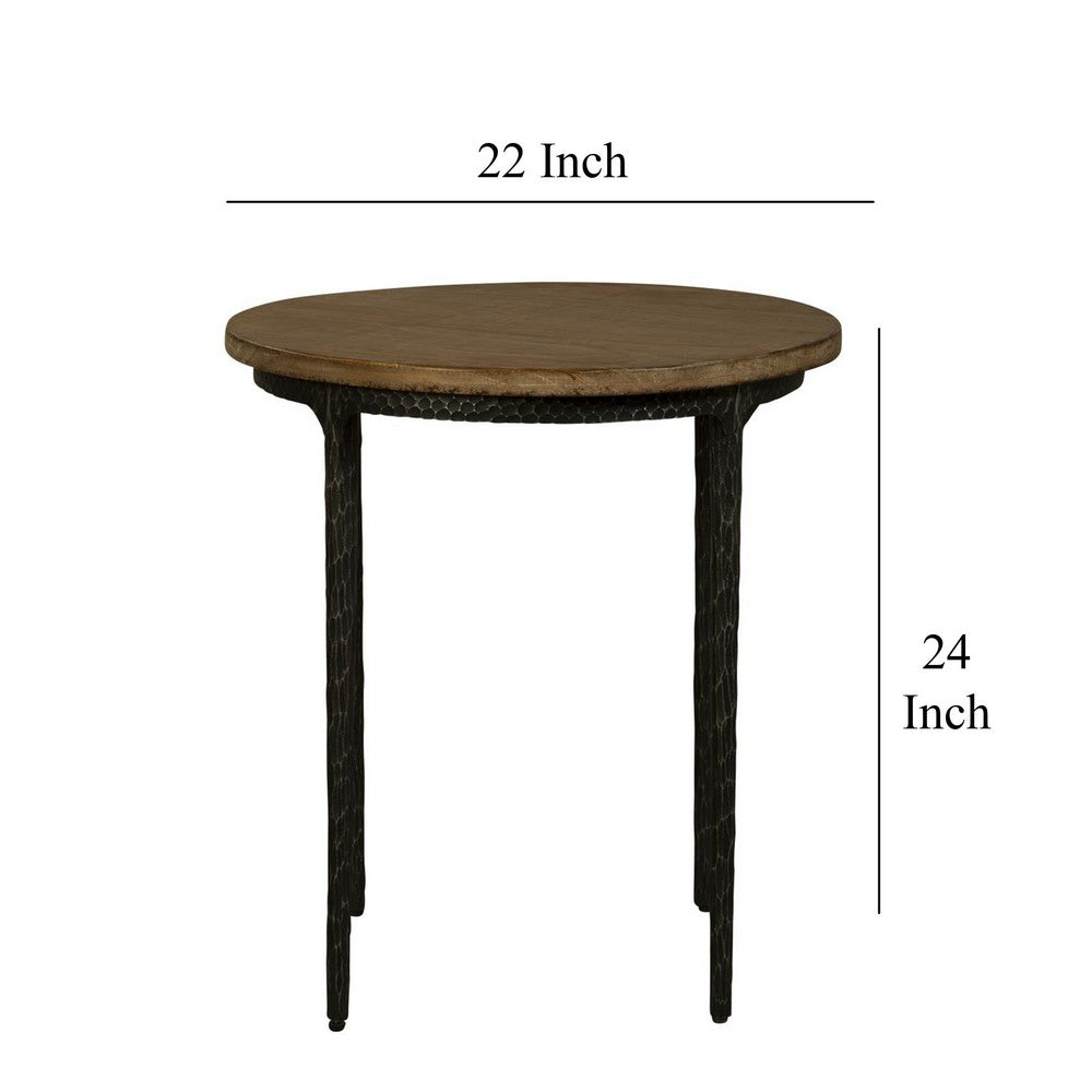 Benjara Lemy Side End Table, 22 Inch Rustic Round Brown Top, Black Metal Legs