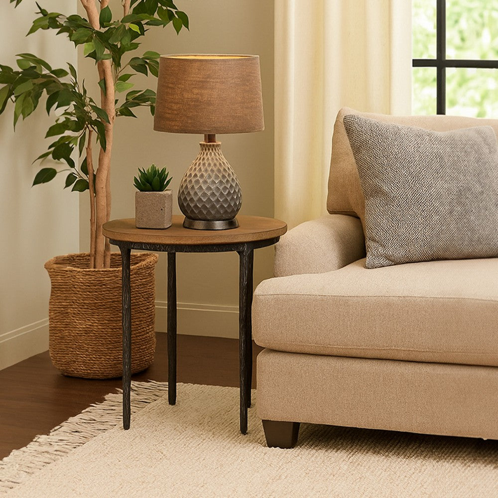 Benjara Lemy Side End Table, 22 Inch Rustic Round Brown Top, Black Metal Legs