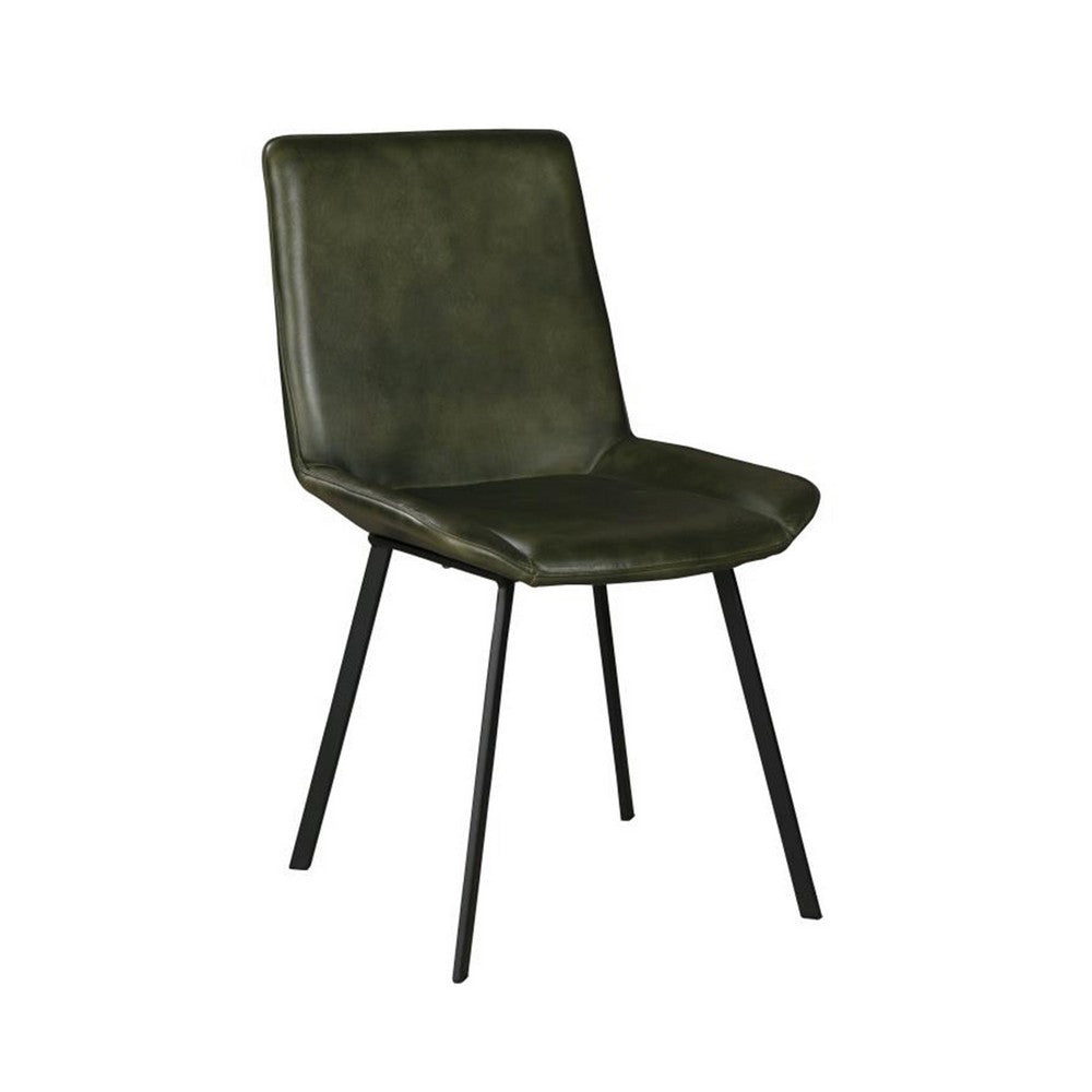 Benjara Isha Dining Chair Set of 2 with Rich Green Goat Leather, Black Iron