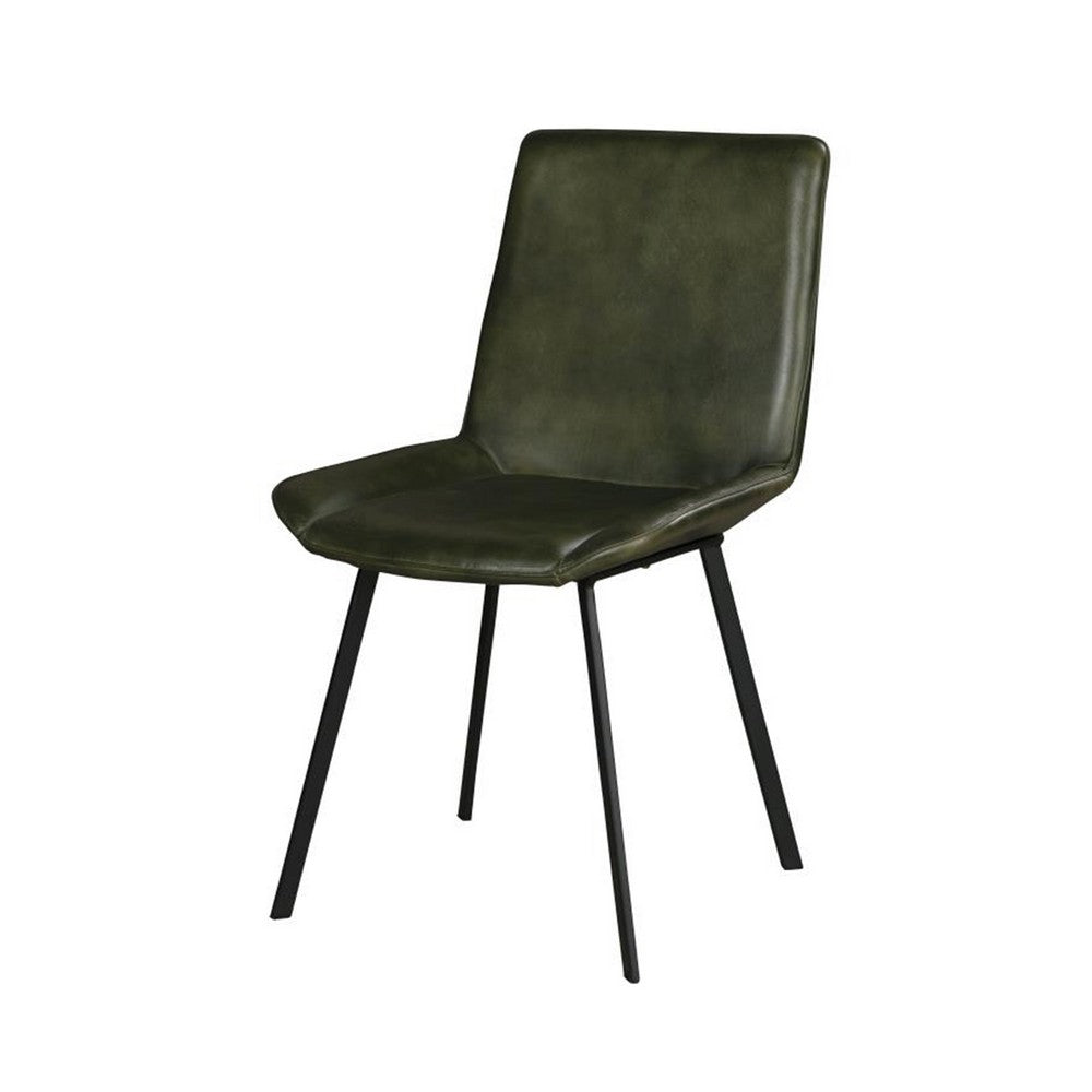 Benjara Isha Dining Chair Set of 2 with Rich Green Goat Leather, Black Iron