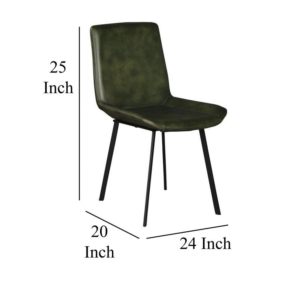 Benjara Isha Dining Chair Set of 2 with Rich Green Goat Leather, Black Iron