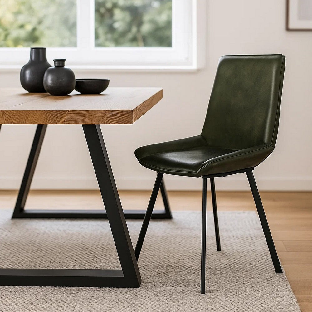 Benjara Isha Dining Chair Set of 2 with Rich Green Goat Leather, Black Iron
