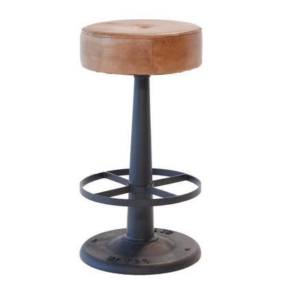 Benjara Counter Stool, Brown Goat Leather, Round Footrest, Black Iron Pedestal