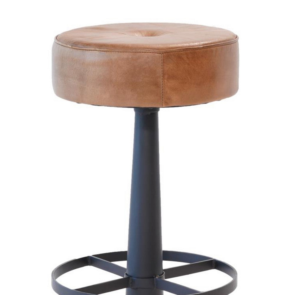Benjara Counter Stool, Brown Goat Leather, Round Footrest, Black Iron Pedestal