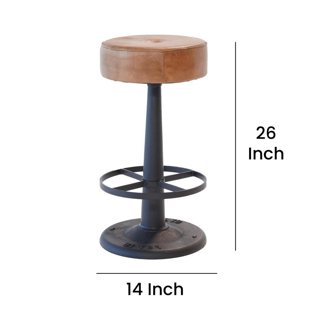 Benjara Counter Stool, Brown Goat Leather, Round Footrest, Black Iron Pedestal
