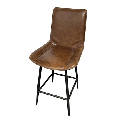 Benjara Swivel Counter Stool Chair, Brown Faux Leather Upholstery, Black Iron