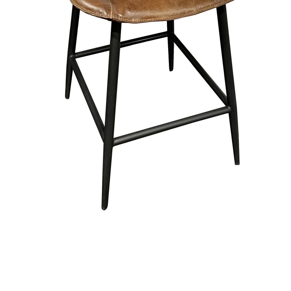 Benjara Swivel Counter Stool Chair, Brown Faux Leather Upholstery, Black Iron