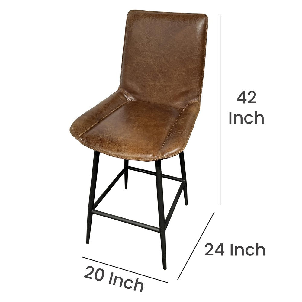 Benjara Swivel Counter Stool Chair, Brown Faux Leather Upholstery, Black Iron
