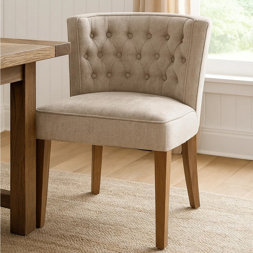 Benjara Cly Dining Side Chair Set of 2, Light Gray Fabric, Brown Solid Wood