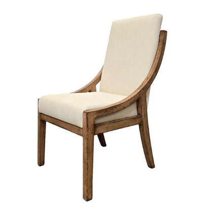 Benjara Ale Dining Side Chair Set of 2, Ivory Fabric, Natural Brown Pine Wood
