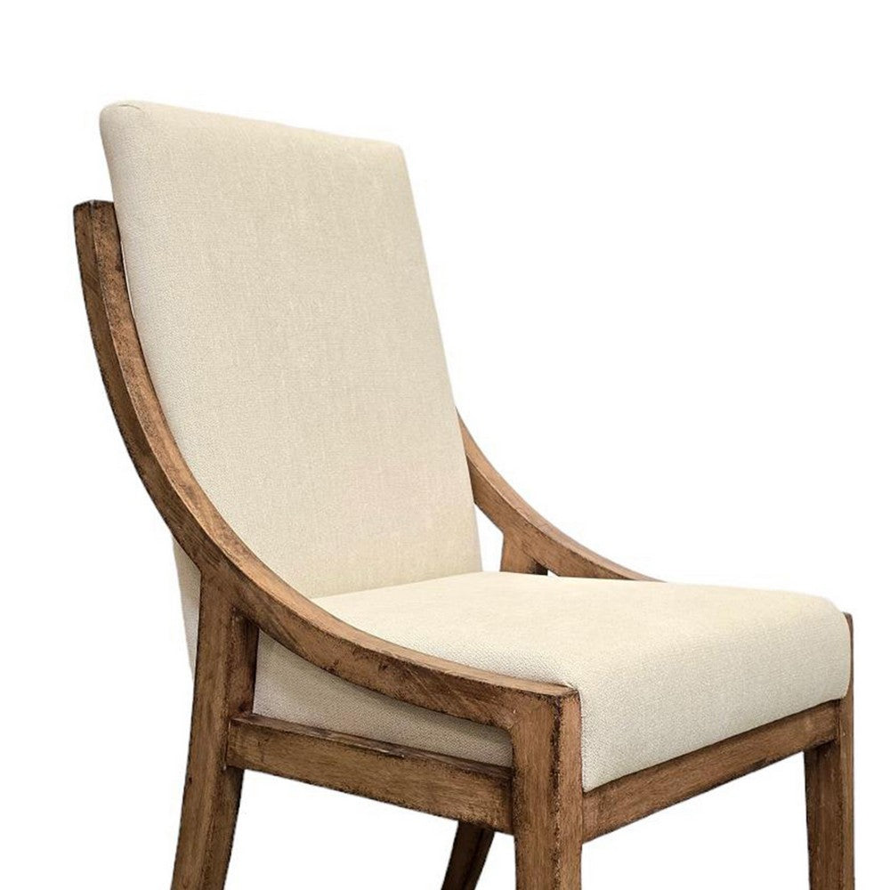 Benjara Ale Dining Side Chair Set of 2, Ivory Fabric, Natural Brown Pine Wood