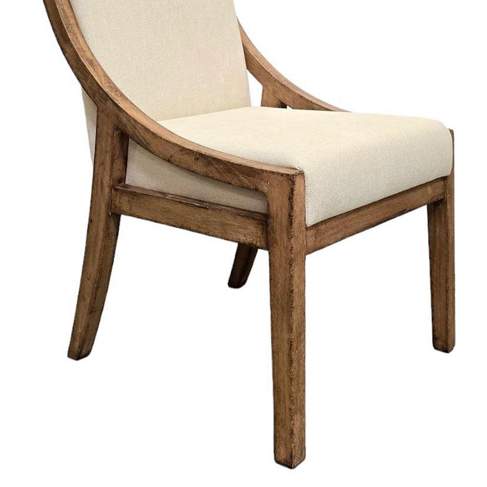 Benjara Ale Dining Side Chair Set of 2, Ivory Fabric, Natural Brown Pine Wood