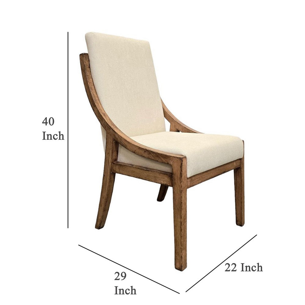 Benjara Ale Dining Side Chair Set of 2, Ivory Fabric, Natural Brown Pine Wood