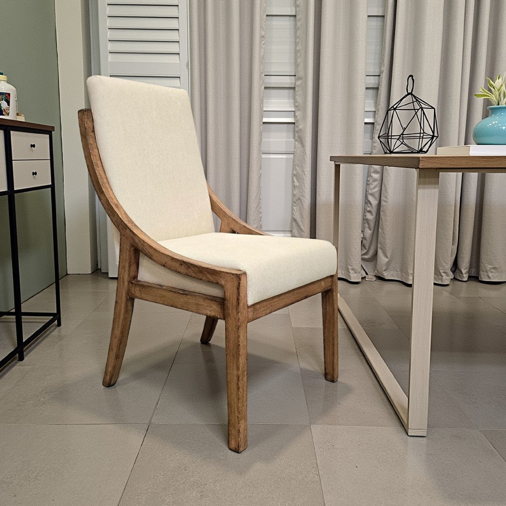 Benjara Ale Dining Side Chair Set of 2, Ivory Fabric, Natural Brown Pine Wood